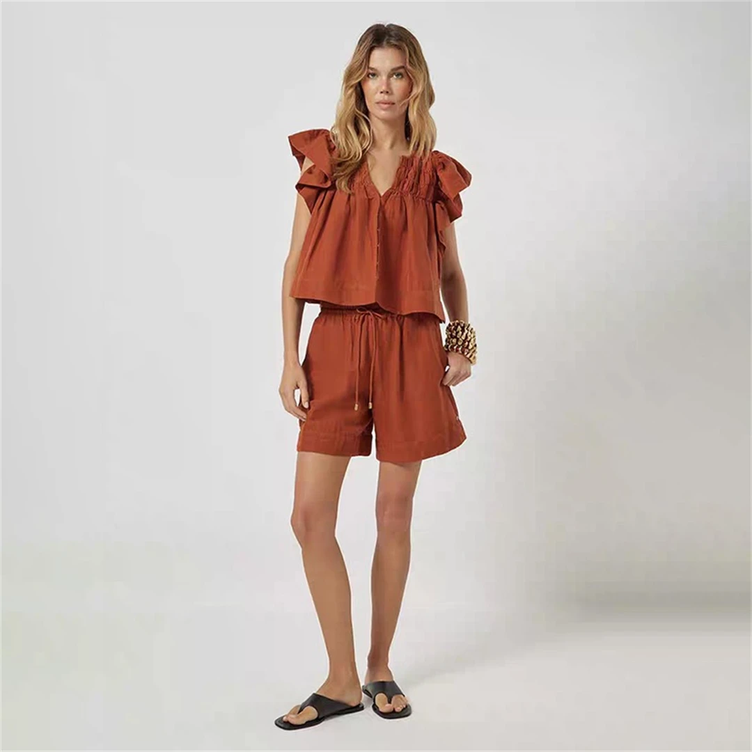 

New Scarl Shirt Shorts Set Spring 2026 French Style Loose Fit Cotton Linen Blend Breathable V Neck Sleeveless Embellished Hem...