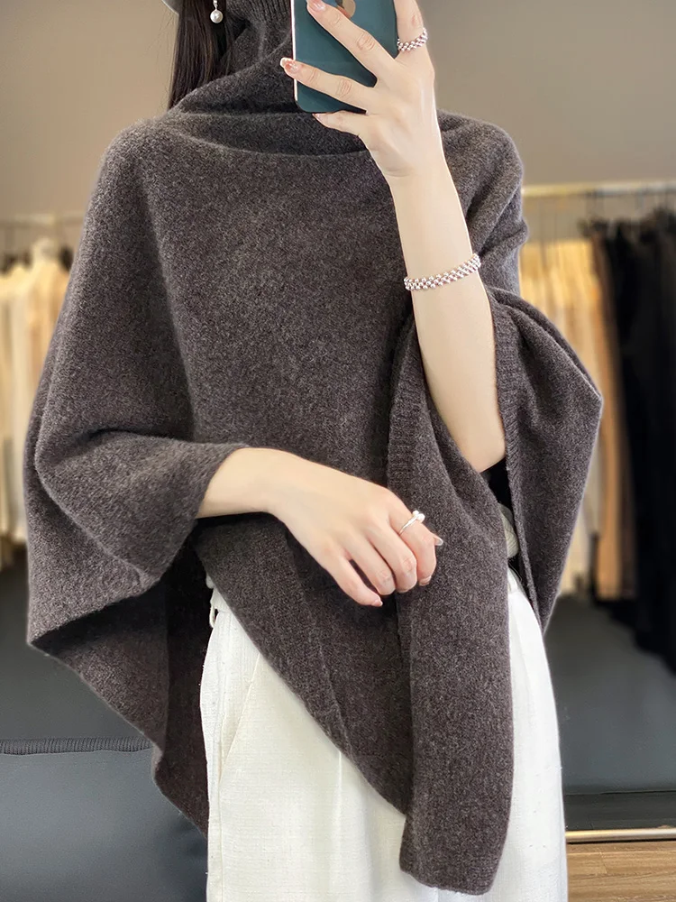 New Chic Women\'s Sweater Shawl Heap Collar Wool Pullover Autumn Winter 100% Merino Wool Knitwear Cashmere Soft Simple Cloak