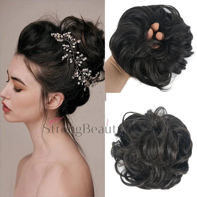 Scrunchies sintético bagunçado pedaço de cabelo uso diário donut chignon scrunchies falso elástico peruca loira marrom bun para mulher
