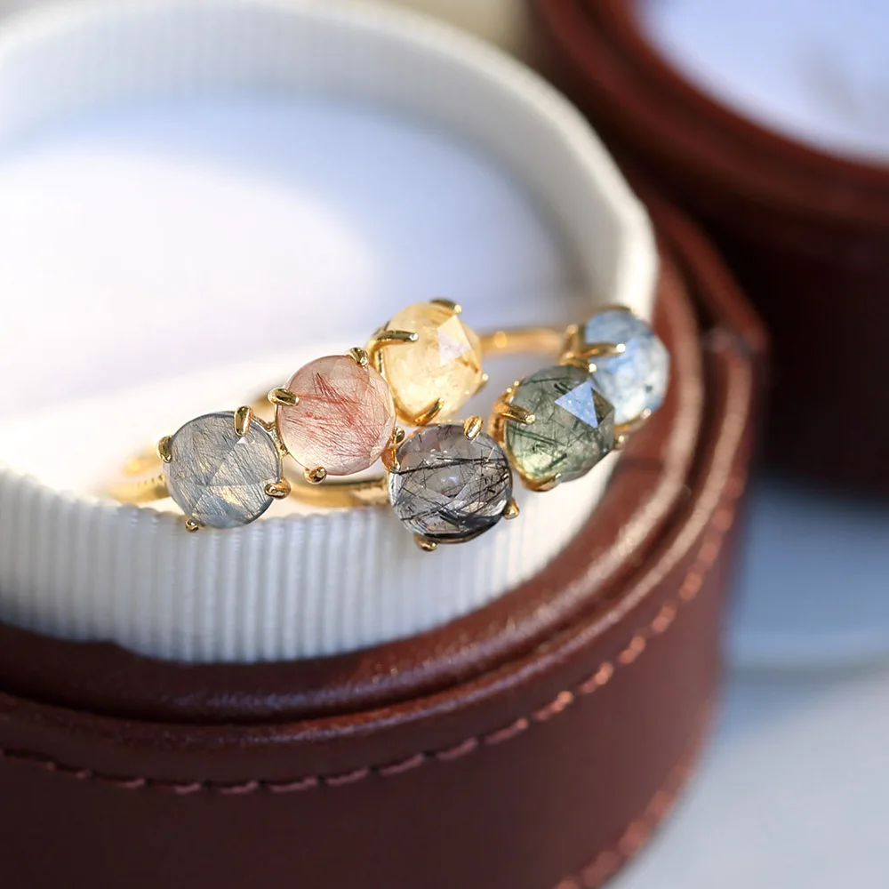 LAMOON  925 Silver Ring For Women 3 Color Natural Quartz Rutilated 14K Light Gold Plated Fine Jewelry Crystal Ring LMRI160