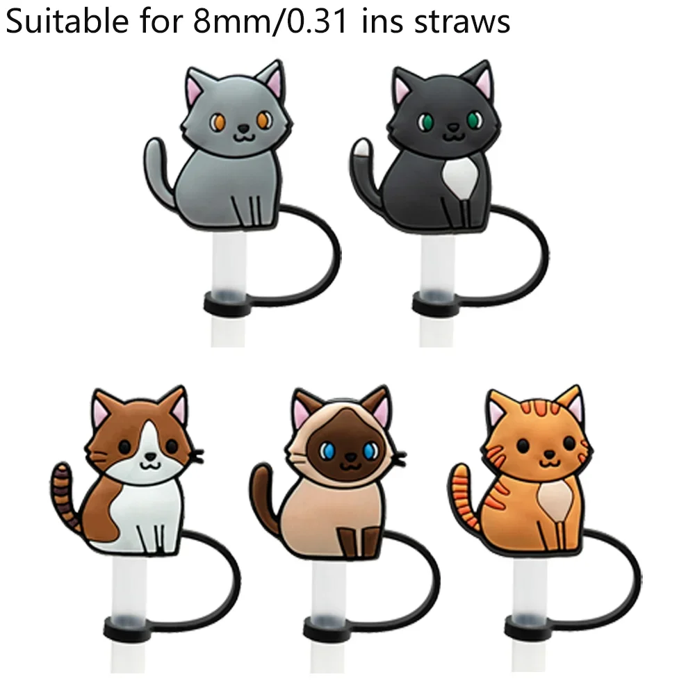 Cute 8mm Silicone Straw Cover Cap 5PCS,Soft Cat Straw Topper Accessories for 30&40Oz Cups,Dustproof Splashproof Straw Tip