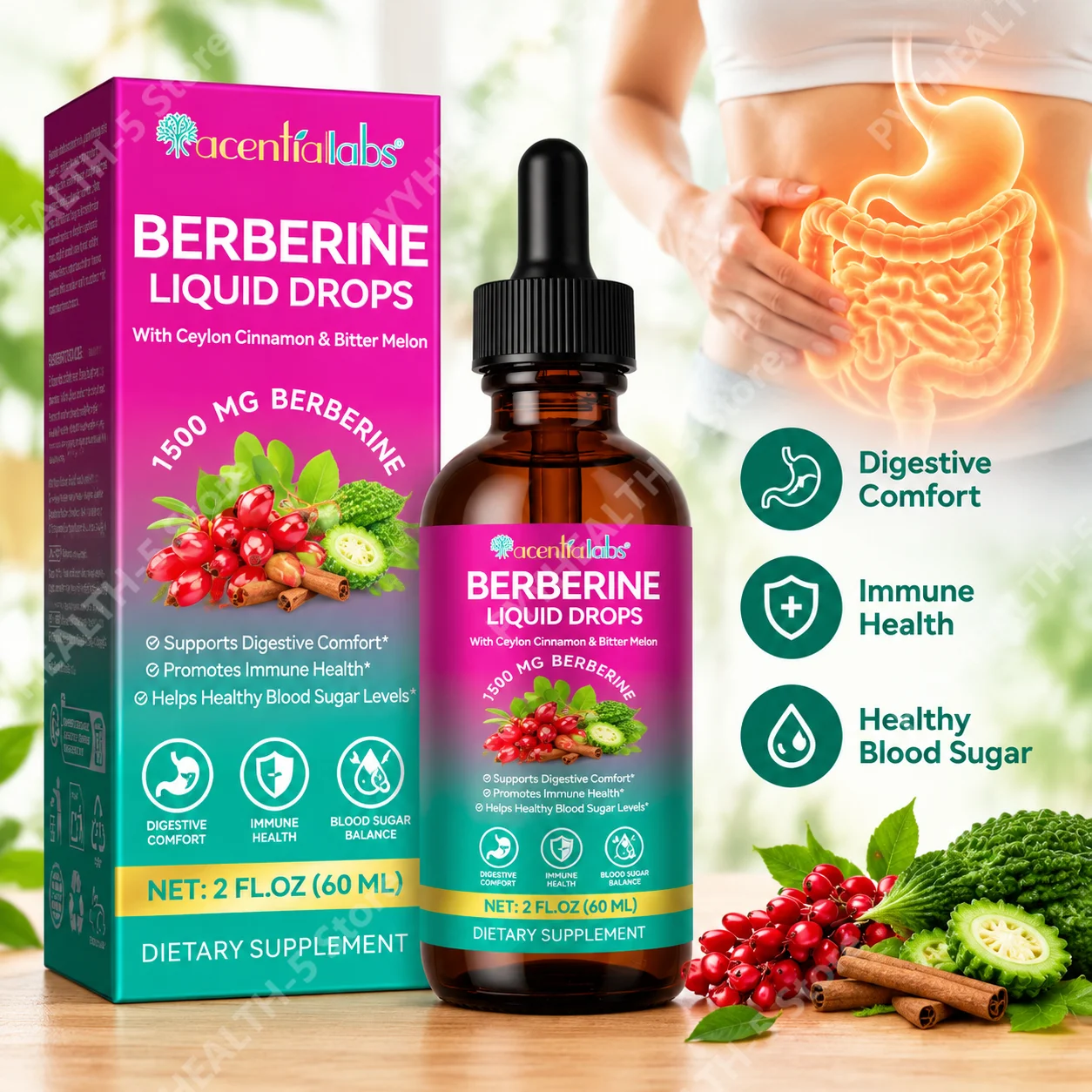 Berberine Liquid Drops Aids Digestive Comfort 1500mg Berberine Ceylon Cinnamon Bitter Melon for Immune Healthy Blood Sugar 60ml