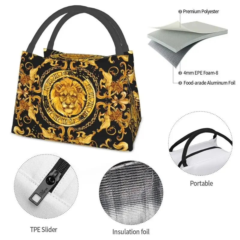 Custom Golden Lion e damascato Ornament Lunch Bags uomo donna Warm Cooler coibentato Lunch box per Picnic Camping Work Travel