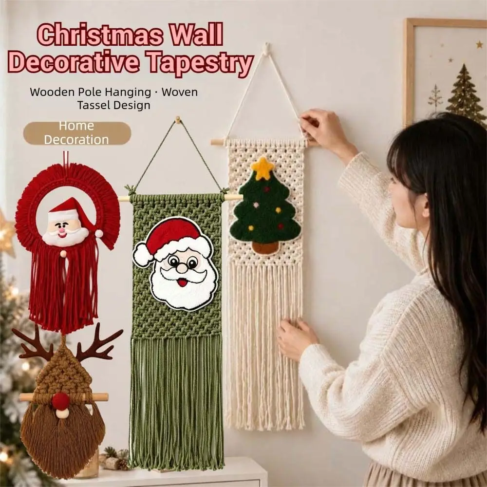 Bohemian Style Wall Decorative Tapestry Santa Claus Deer Christmas Tree Tapestry Tassel Wall Art Macrame Wall Hanging