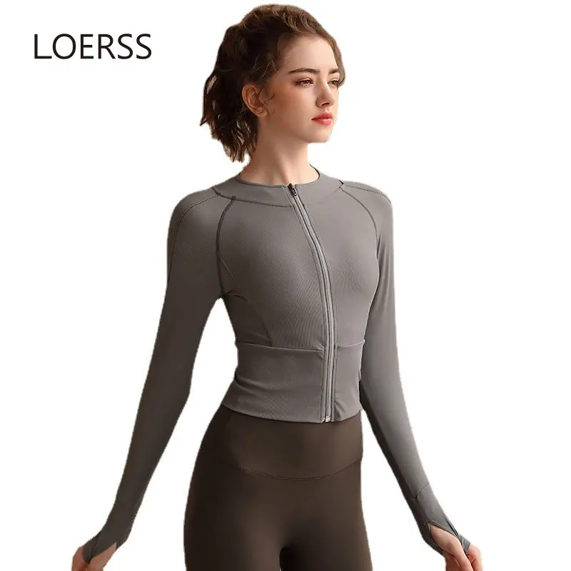 LOERSS Yoga Coat Women's Zipper Cardigan Quick Drying Sports Jacket Yoga Long Sleeve Thumb Hole Workout Fitness Running Clothes