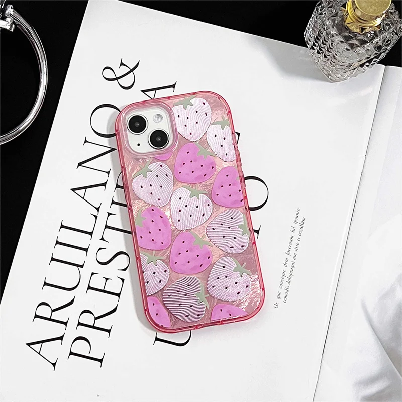 ピンクのストロベリーパターンの電話ケース,シルバーのモスリンデザインの電話ケース,iPhone 15,14,13 pro max,15pro用の素敵な保護ケース