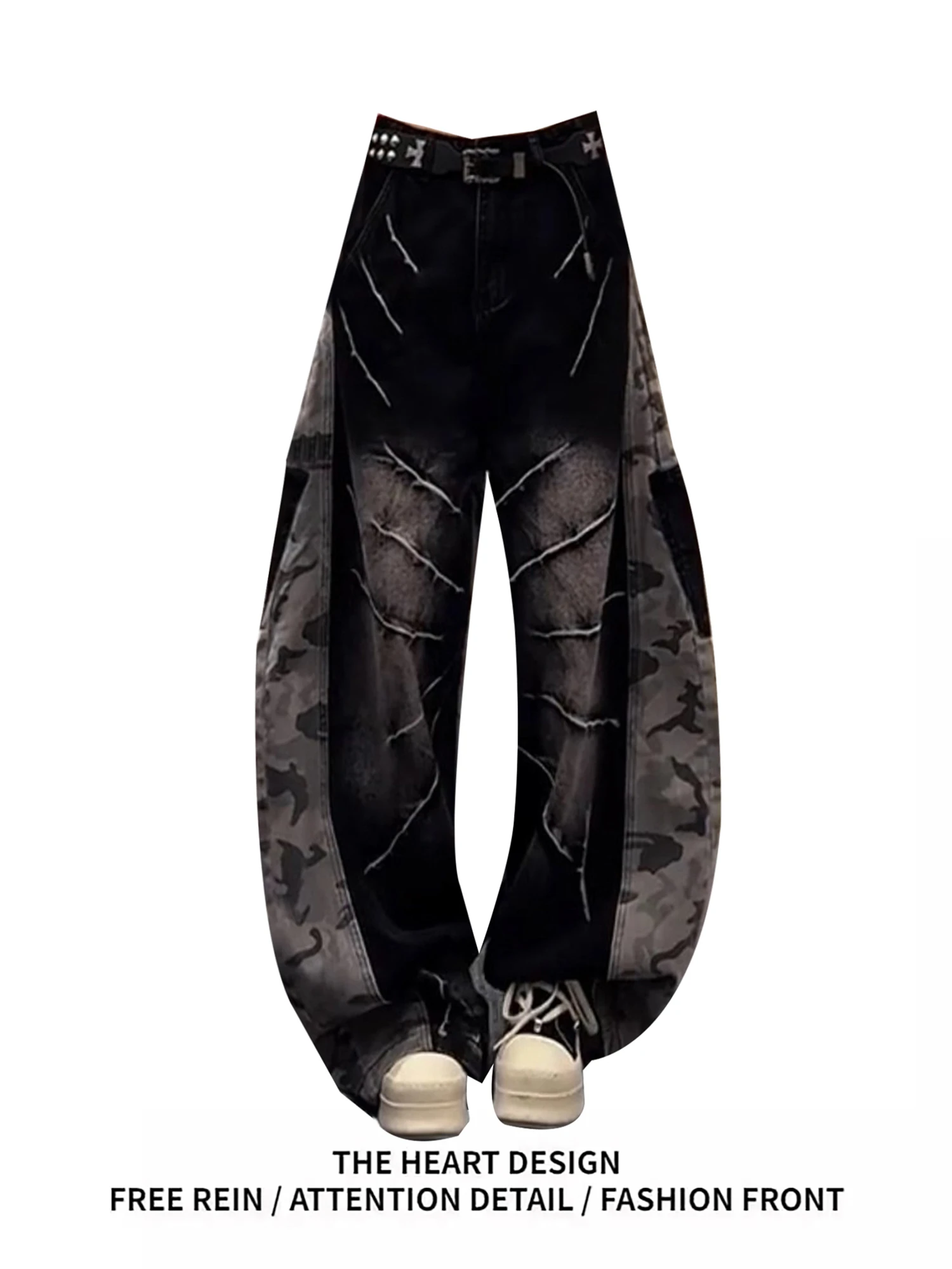 

Y2K Women's 2025 New Style Black Denim Jeans Camouflage Patchwork White Stitch Graffiti Wide Leg Streetwear Punk Casual Trousers