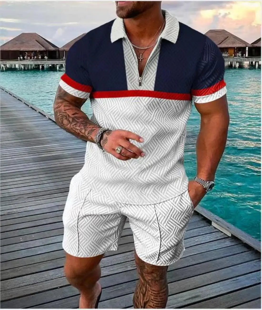 2024 Europe America Hot New Men's Suit Casual Double Color Men's Shirt Summer Men's POLO Shirt + Men's Shorts 2 sets - large