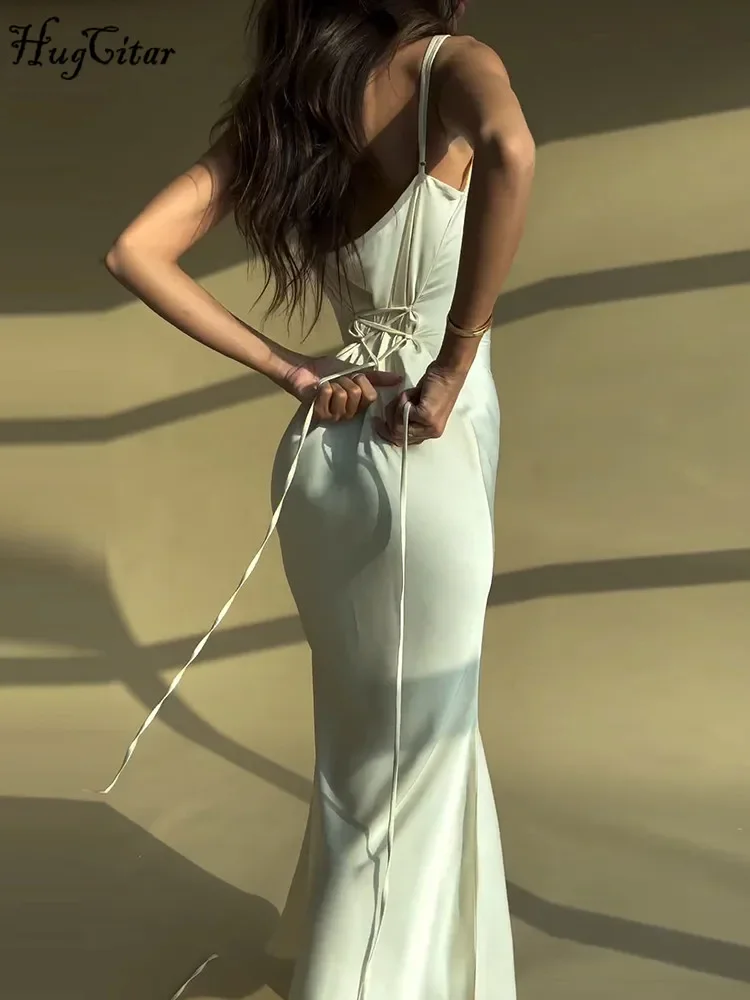 Hugcitar Elegant Satin Slips Backless Solid Bandage Sexy Bodycon Maxi Dress Summer Women Clothes Evening Party Birthday Vacation
