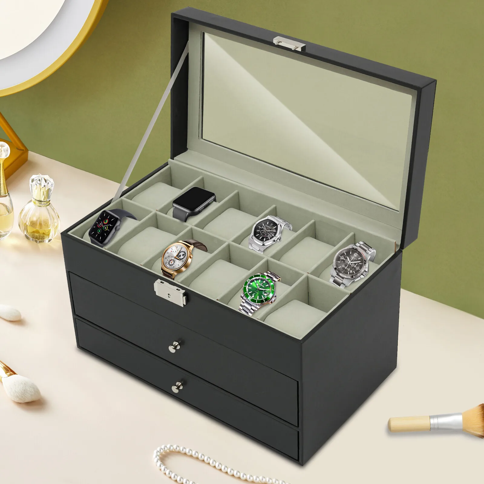 

3-Tier Black Density Board Watch Box Case Jewelry Box Tabletop Holding Jewelry & Item 33.5*19.4*20.5cm