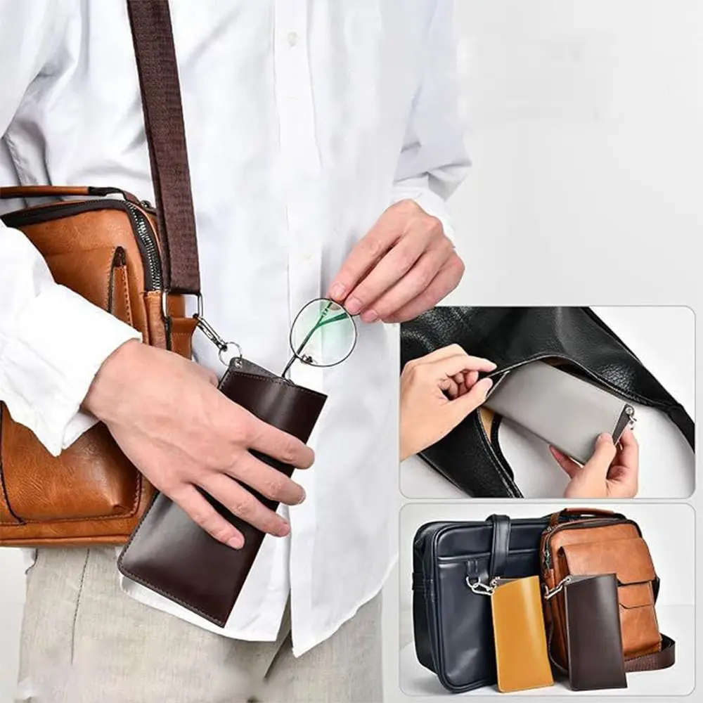 

PU Leather Sunglasses Storage Bag with Keyring Solid Color Sunglasses Pouch Durable Portable Hanging Sunglasses