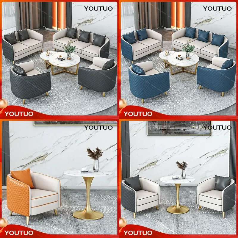  Light Luxury Gray and White Rhombus Leather Sofa Hotel Lobby Sales Office Reception Leisure Sofa Combination Set