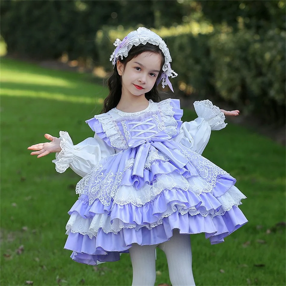 Kids Spring Autumn Lolita Dress Princess Long Sleeves Fancy Luxury Cute Costume Girls Floral Lace Vestido Toddler Birthday Gift