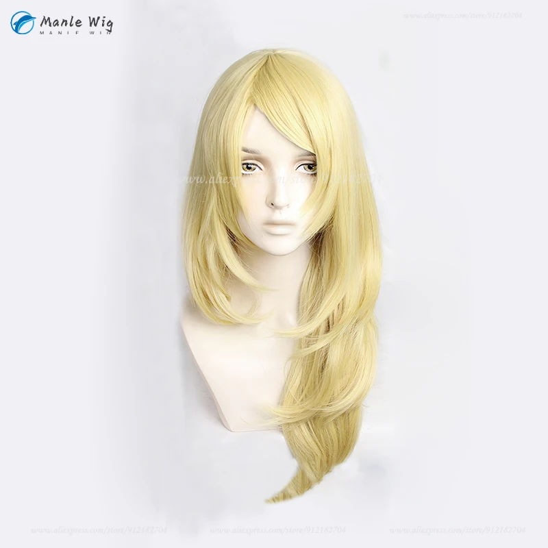 Peluca de Anime Emma Sano para mujer, cabellera larga de 65cm, color dorado Cruly, resistente al calor, ideal para fiesta de Halloween, incluye gorro gratis