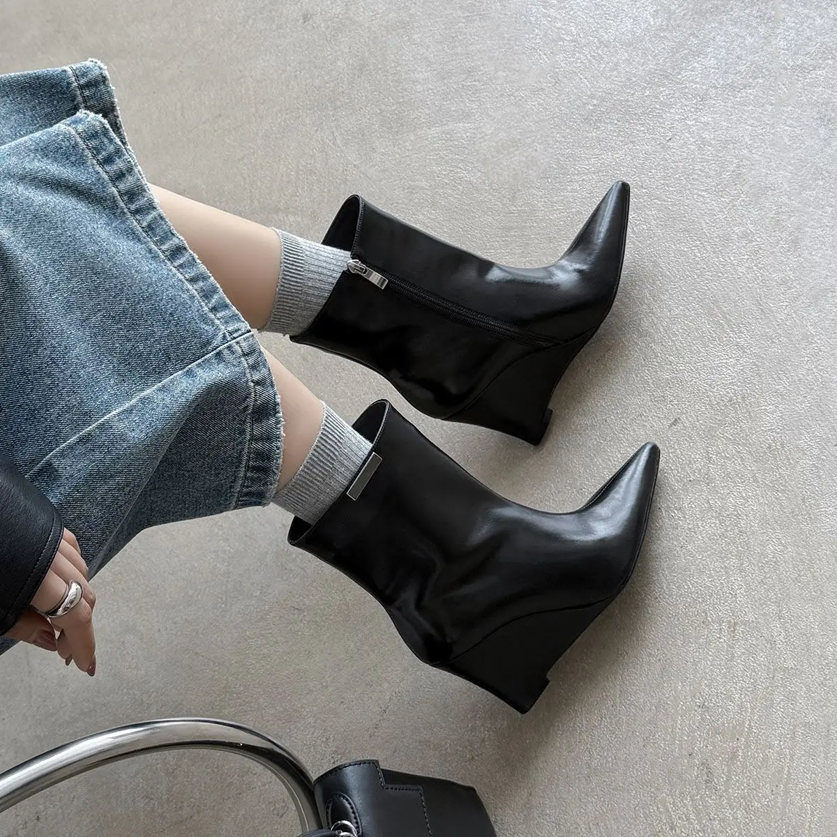 Arden Furtado Cowhide Wedges Modern boots Pointed toe Side zipper High-heeled Short boot Large size Women's Boots