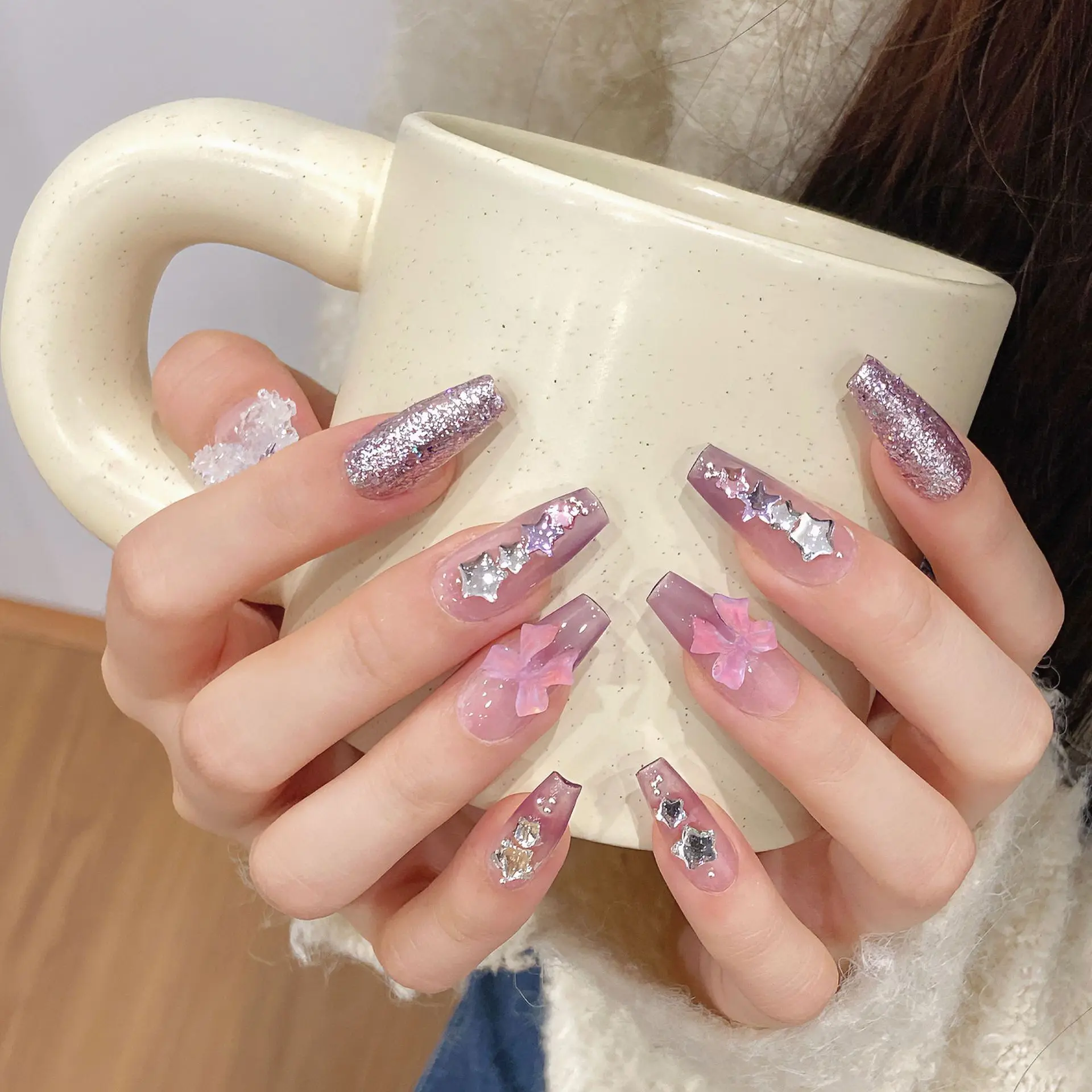 Handmade Purple Press on Nails with Glitter Design Reusable French Fake Nails with Glue Naitifical Fingernail Tips Nail Art