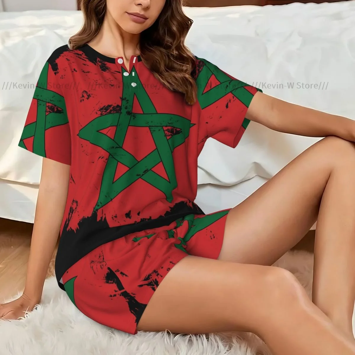 

Women Pajamas Set Morocco Flag Brush Background Homewear Two-Piece Short-Sleeved Short