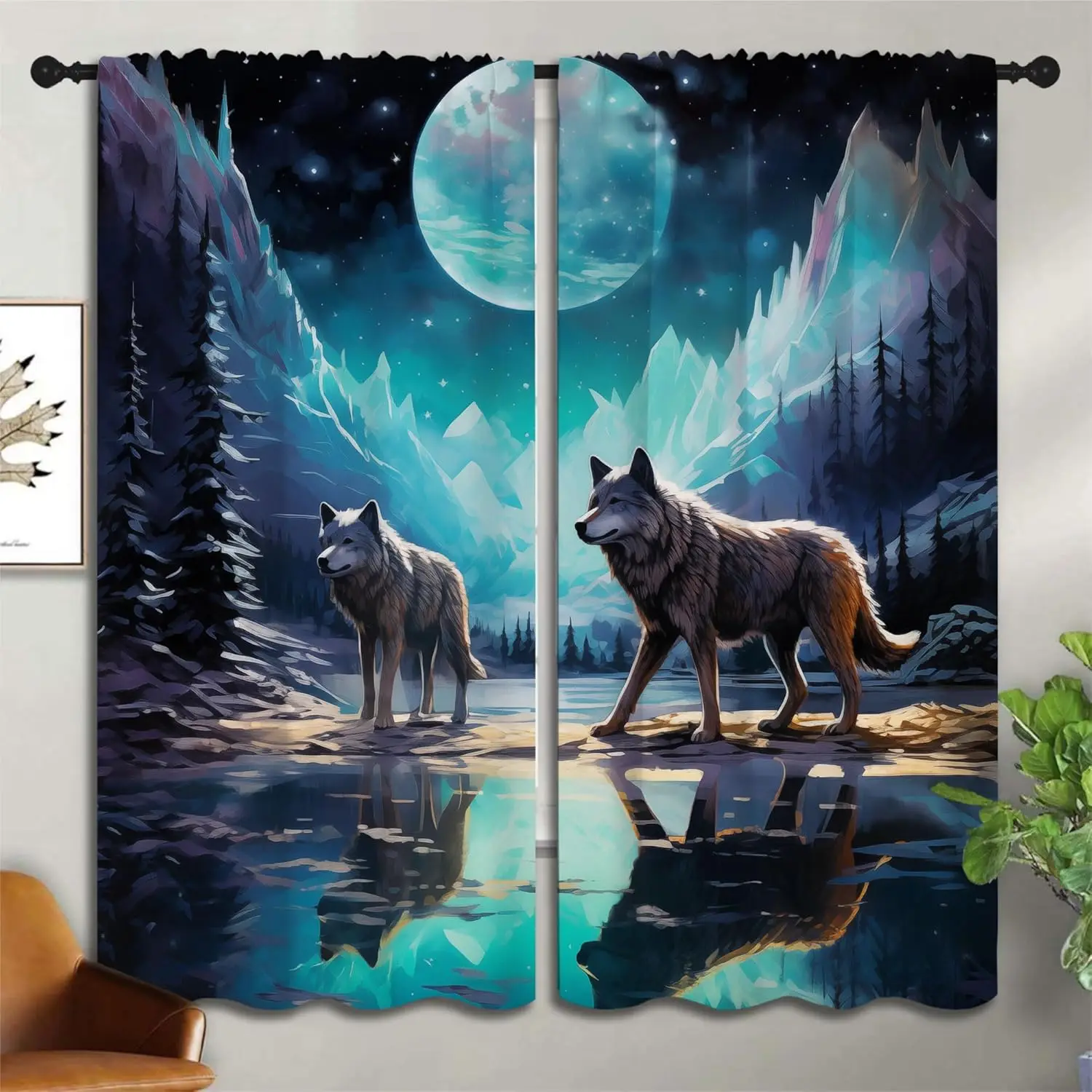 Gothic Wolf Rod Pocket Blackout Curtains for Boy Girl Bedroom, Fantasy Forest Night Full Moon Cool Wolf Thermal Insulated Home