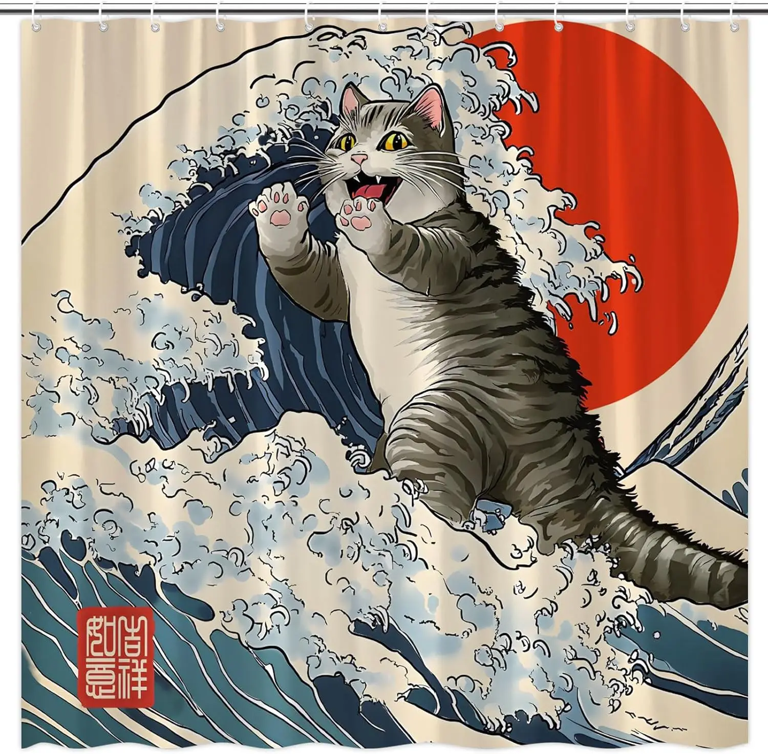 

Cat Riding Wave Shower Curtain, Inspired By The Great Wave Off Kanagawa, Waterproof Fabric, Unique Bathroom Decor, 72x72 Inches