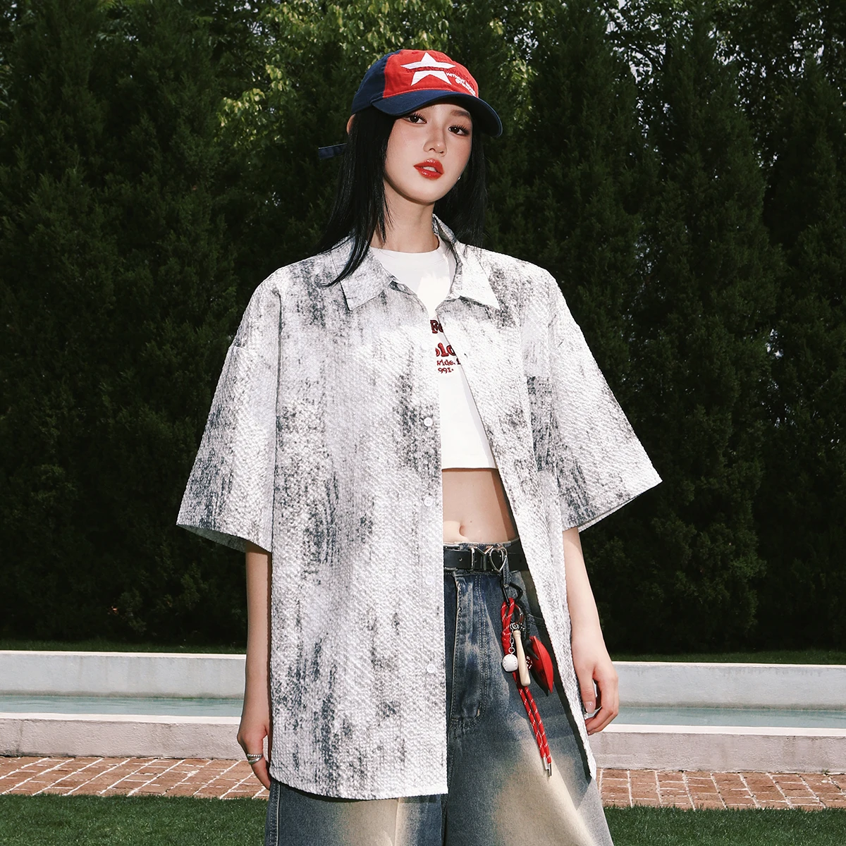 

Streetwear Women Shirt Loose Casual Textured Tie Dye Half Sleeved Blouses Woman Men Sun Protection Ladies Coat Summer Shirts