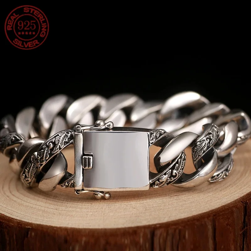 New S925 Silver Vintage Cuban Bracelet Men's Trend Dominant Locomotive Europe and America Men's Bracelet