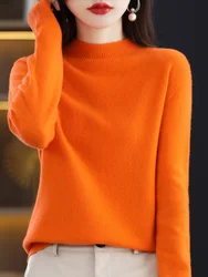 Suéter de cachemira para mujer, jersey de lana merina con cuello simulado, prendas de punto básicas de manga larga, Tops de otoño e invierno, 100%