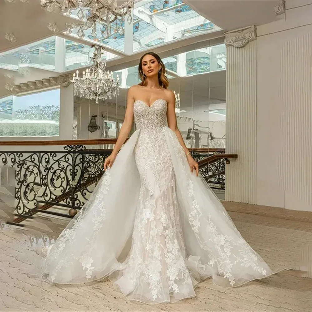 Customized 2025 Strapless Sleeveless Backless Bridal Gown Detachable Trailing Marriage Dress Luxury Lace Mermaid Wedding Dress