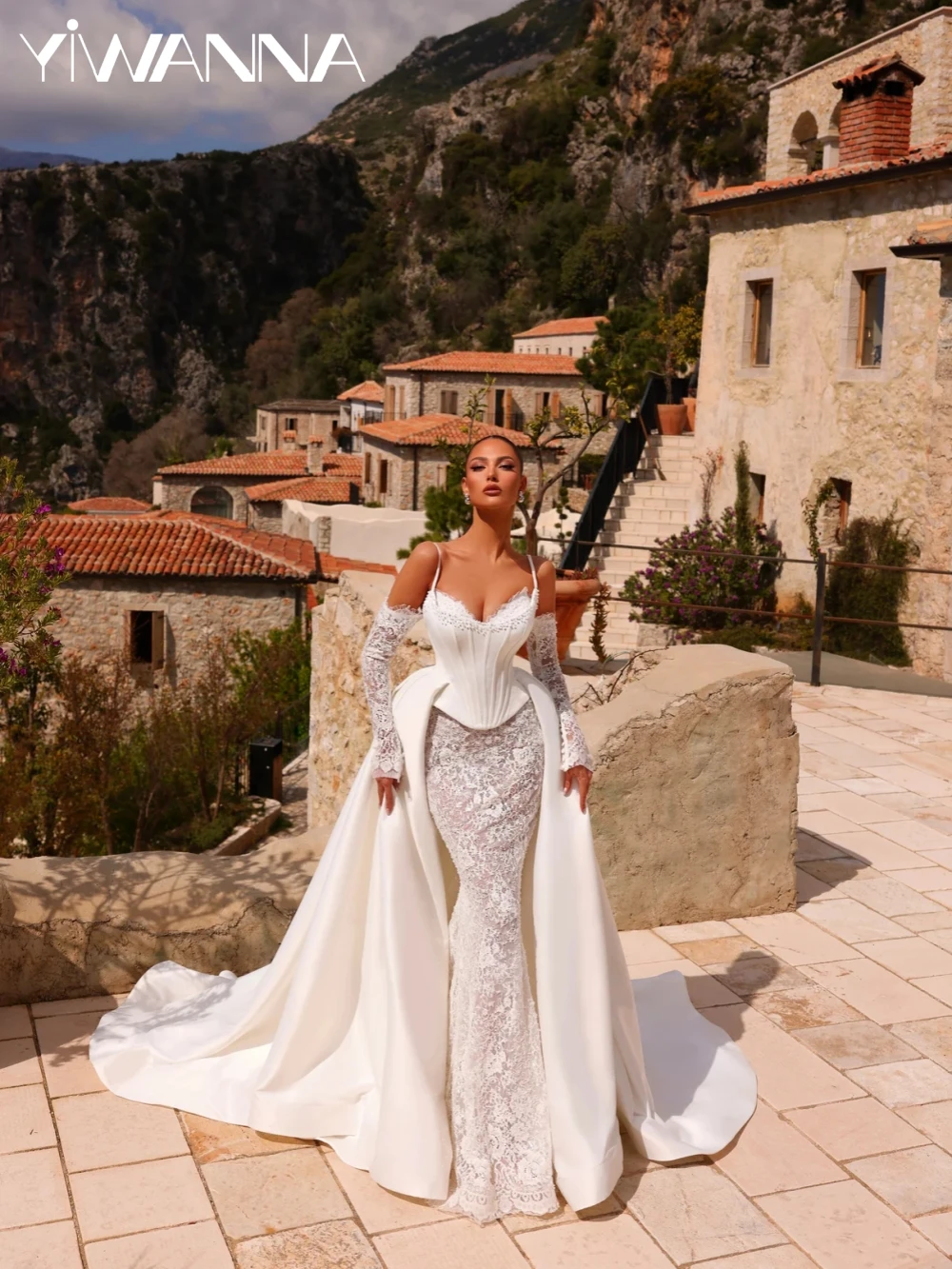 

Detachable Train Pearls Lace Long Wedding Dress Sexy Illusion Off Shoulder Bridal Gown Customized Exquisite Dresses For Bride