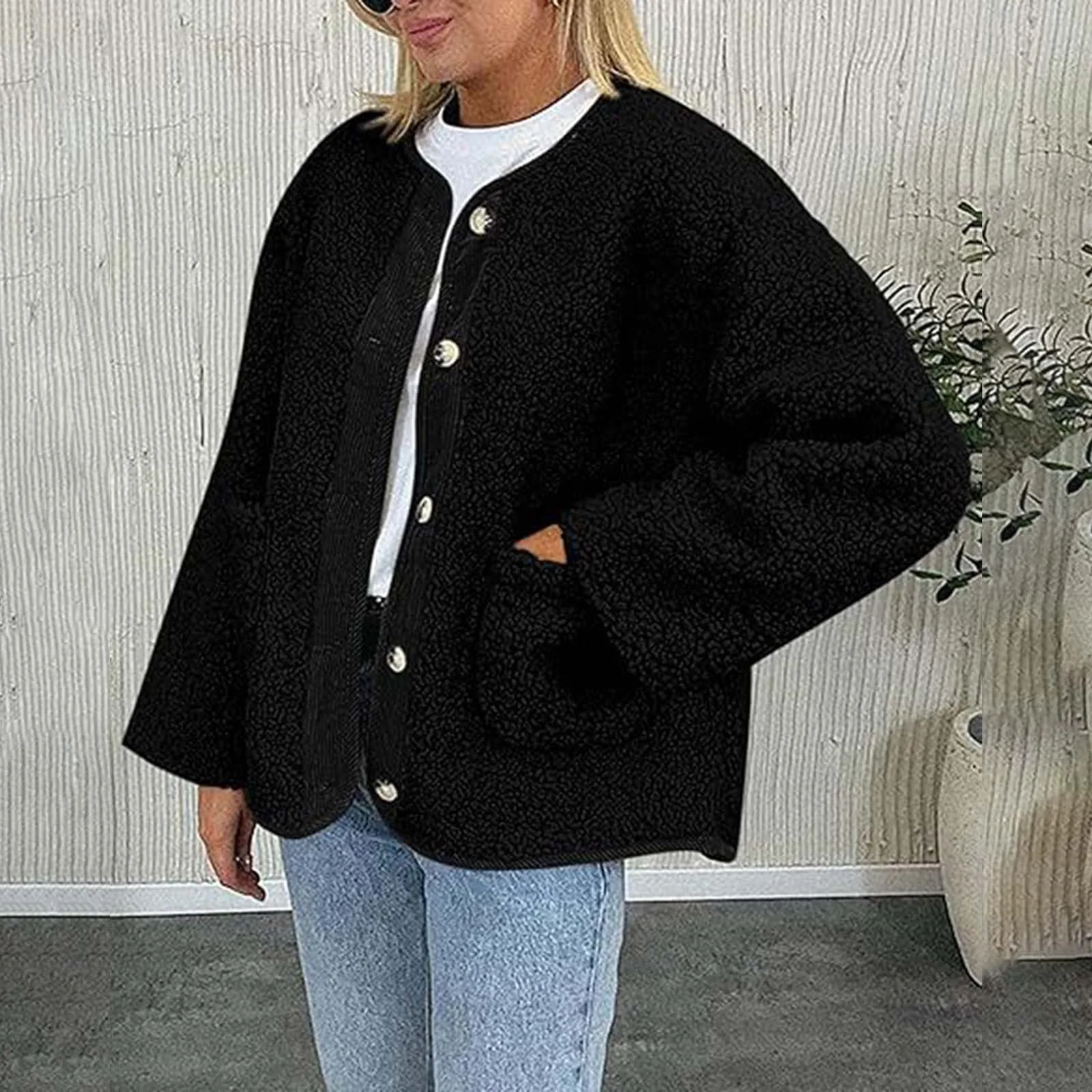 

Fleece Single Breasted Warm Coat With Pockets Women's Winter Jacket Casual Long Sleeve Solid Color Oversize Thick Buttoned