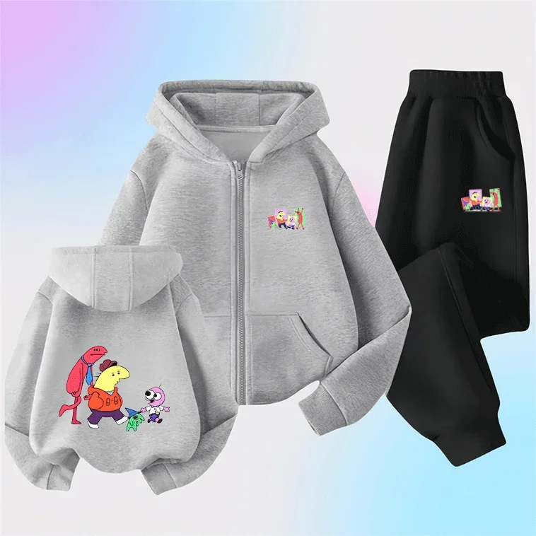 

Popular Smiling Friends Season Boys Girls Zip Up Hoodie Set Cute Cartoon Print Windproof Warm Autumn Winter Stylish