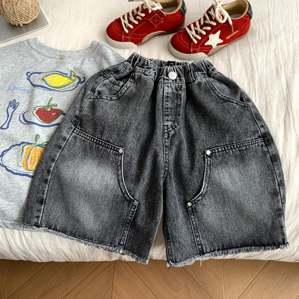 Boys Pants 2026 Spring and Summer New Children's Wear Korean Style Boys and Girls Foreign Style Hair Hair Edge Denim Shorts