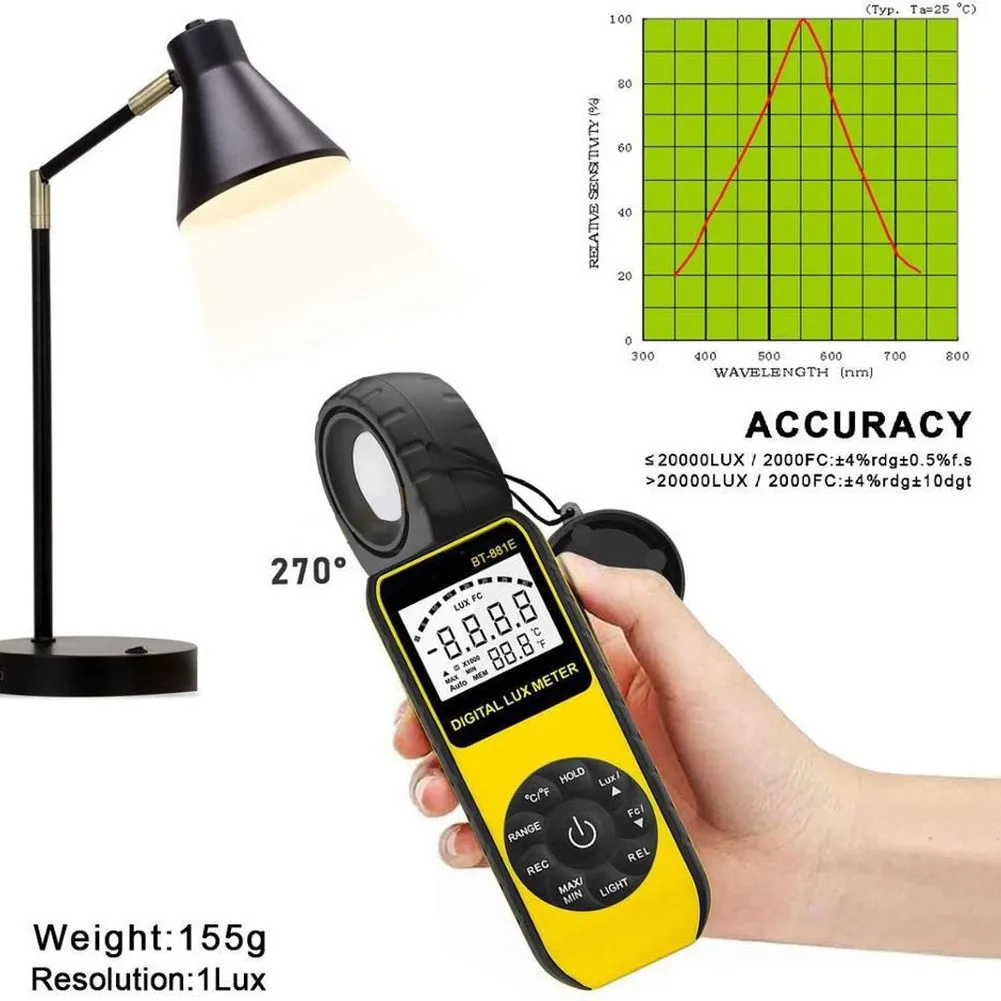 Digital Lux Meter 881E 300000 Range Light Intensity Tester With Data Storage Temperature Display Backlit LCD For Professional In