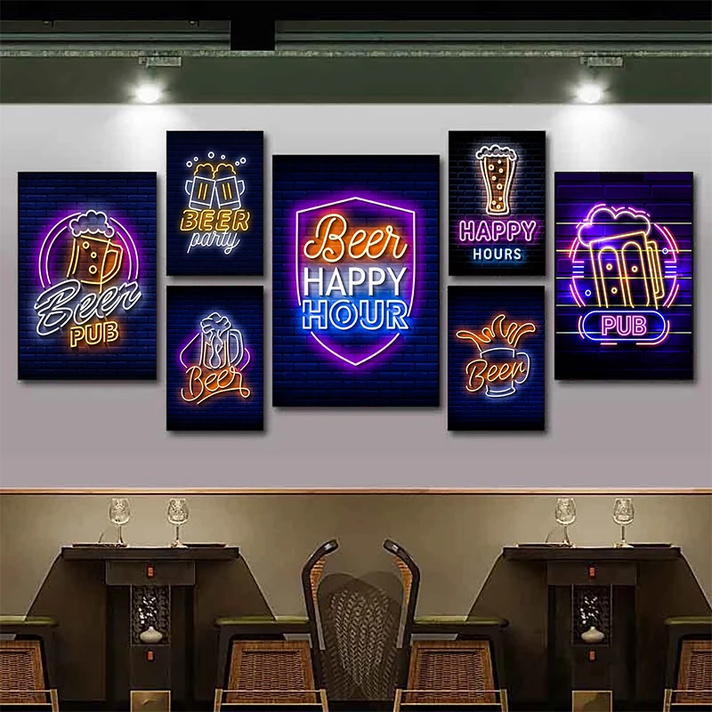 Neon Effect Beer Fun Retro Bar Pub Beer Glass Bottle Posters Prints Canvas Painting for Bar Kitchen Man Cave Wall Decor Picture