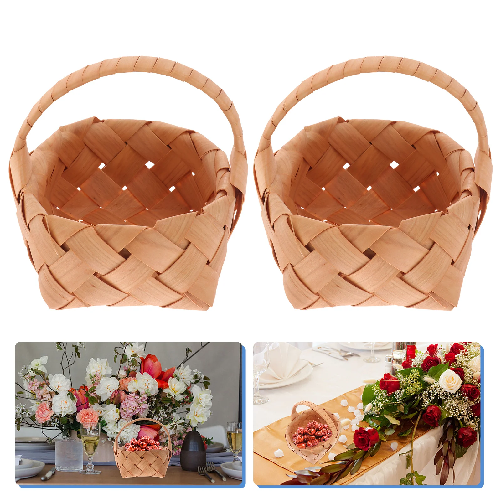 2 Pcs Wedding Basket Weaving Storage Woven Gift Container Picnic Hand-woven Sundries Handheld Wooden Baskets