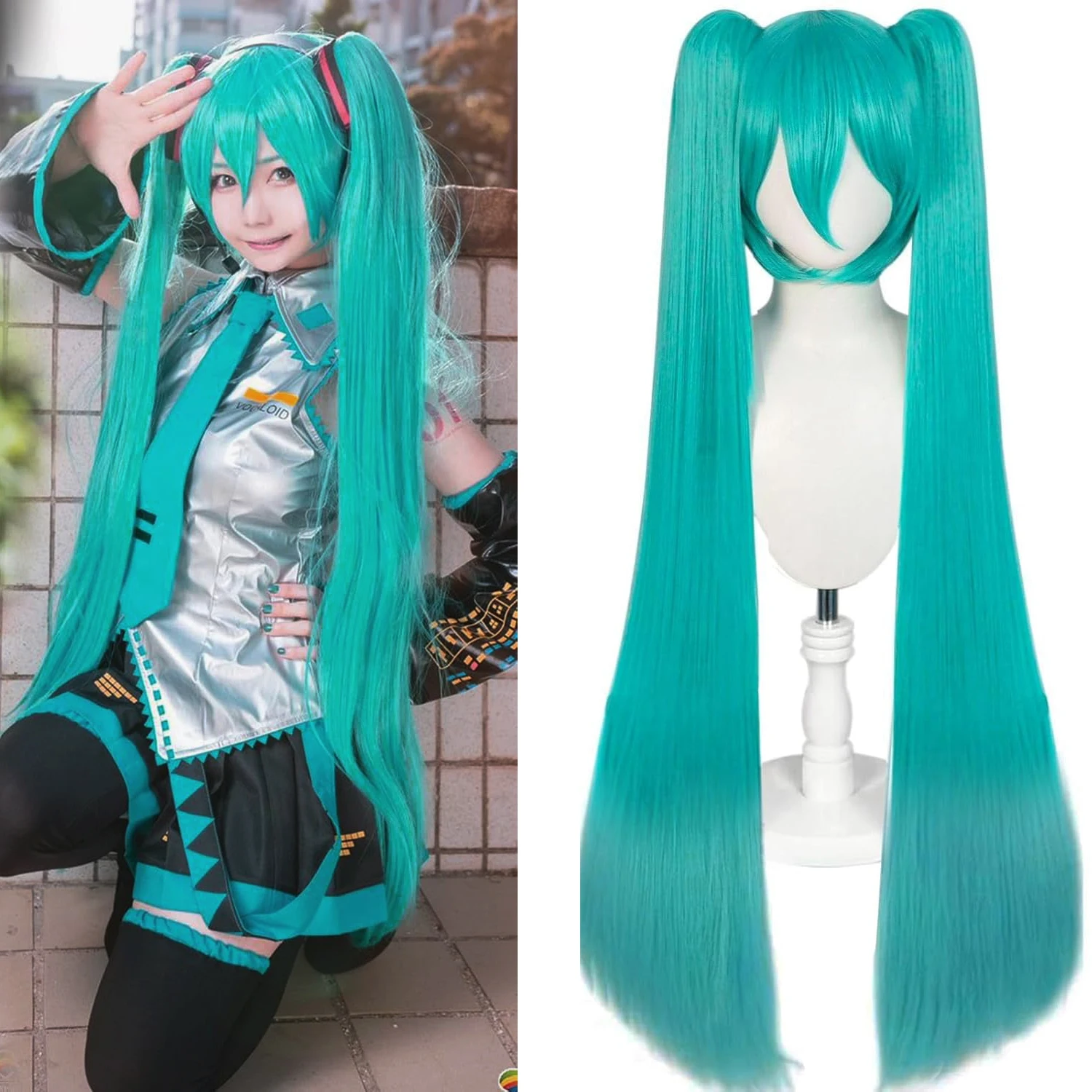 

miku cosplay 120CM/47inches Green Wigs【+Hair Cap】 Long Greenish synthetic Wig with 2 Ponytails for Women Cosplay Wig