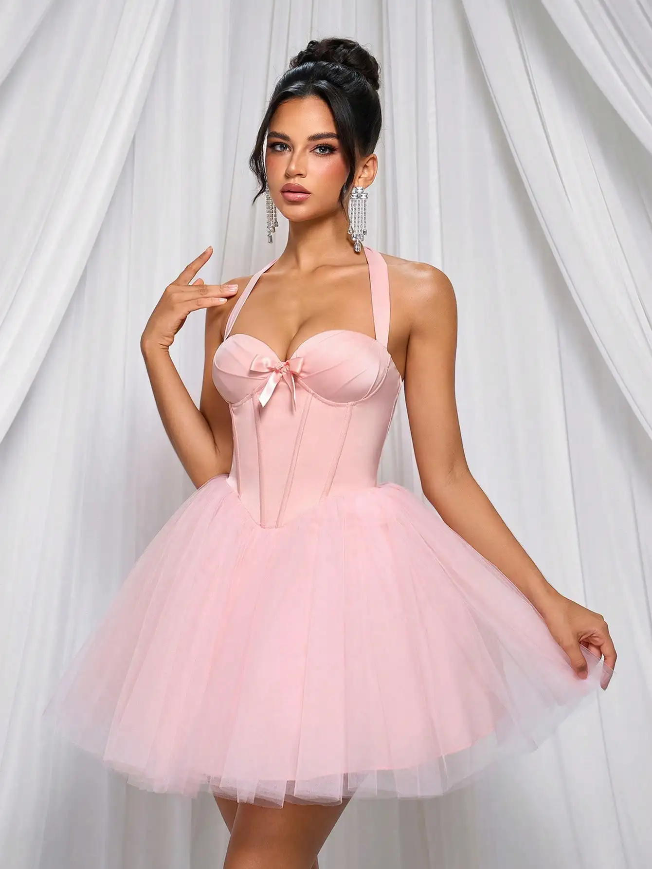 

Pink Halter Neck Tulle Mini Dress with Bow Detail for Parties and Prom