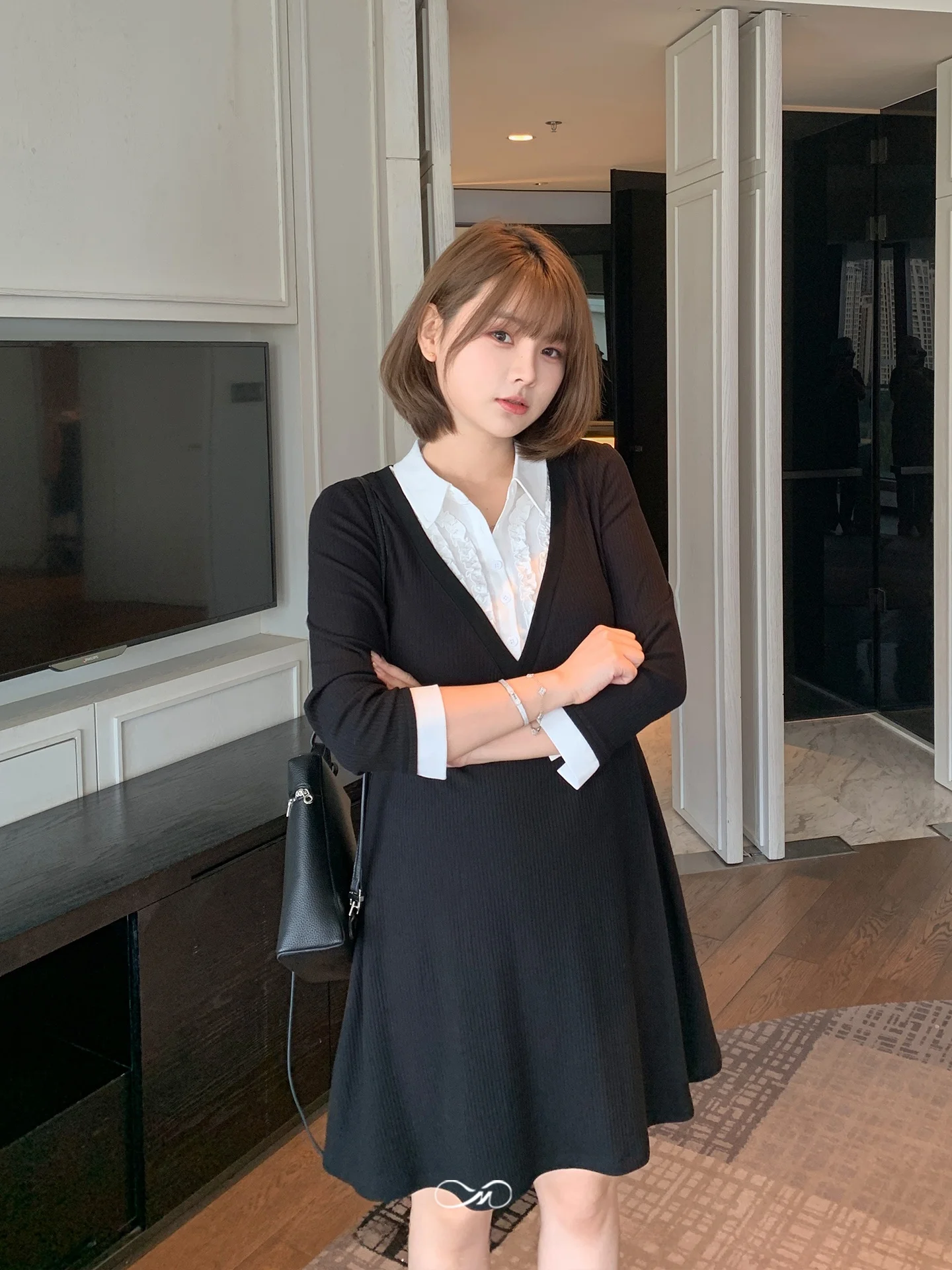

Masisi 224 New Color Blo Knitted Dr with Wood ain Collar 7/8 Length Sve Casual Loose Fit A-Line Skirt