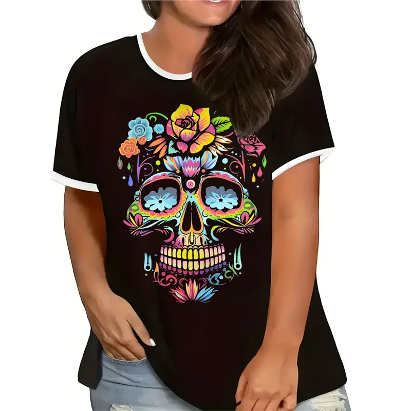 

Women's Short Sleeve Printed Independent Top 2025 New Loose Skeleton Neck T-shirt