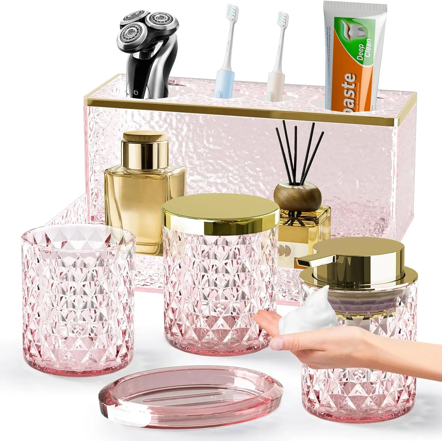 

5-Piece Crystal Glass Bathroom Set with Soap Dispenser, Dish, Cup, Toothbrush Holder & Tray in Pink
