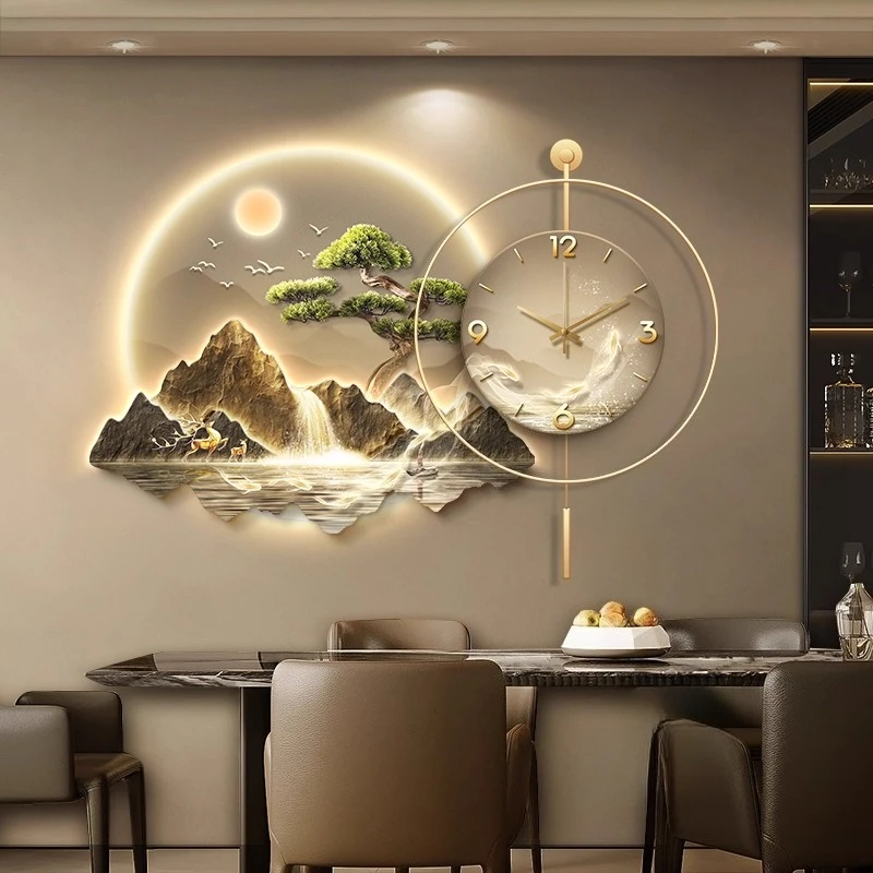 

2026 New Model Landscape Murals Wall Clocks Fashion Nordic Living Room Digital Clock Villa Mute LED Wall Clock Home Decor