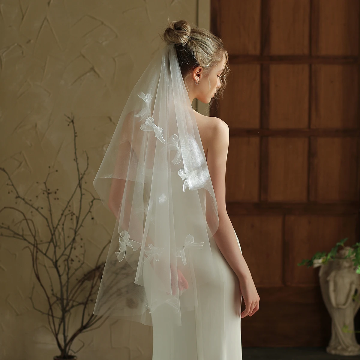 

V384 single-layer round bridal veil, super fairy handmade ribbon butterfly wedding hairband, travel photo headgear