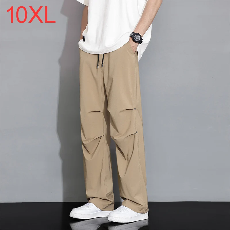 plus size 150kg 10xl  Men summer ice silk quick drying pants thin breathable drawstring straight leg chubby cargo pants men 9XL