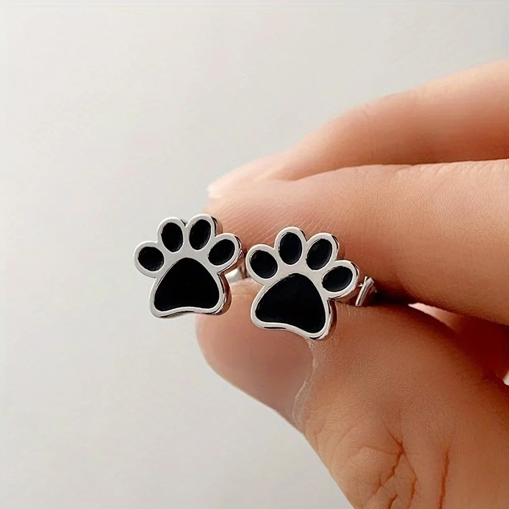 Simple Cute Silvery Plated Animal Dog Cat Footprint Stud Earrings Accessories Anniversary Party GiftsJewelryNiche Style Hot List