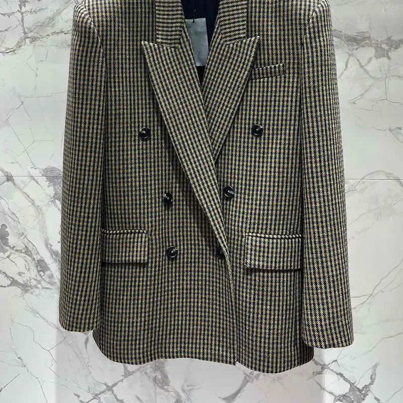 Women's Wool Blend Plaid Blazer Coat Fashion Office Double Breasted Lapel Long Sleeve Loose Suits Autumn High Street Y2K Clothes