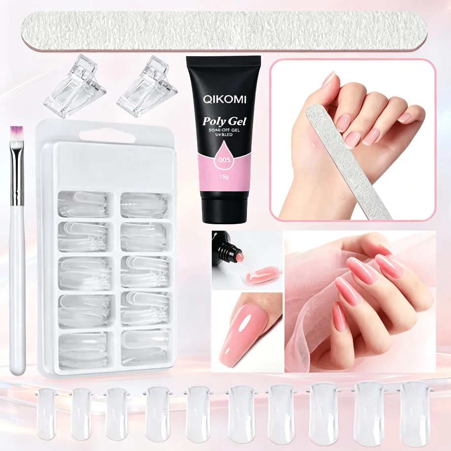 QIKOMI Poly Gel Nail Extension Kit with Dual-End Brush, Clear Nail Tips, Slip Solution and Nail File for DIY Long Nail Extension