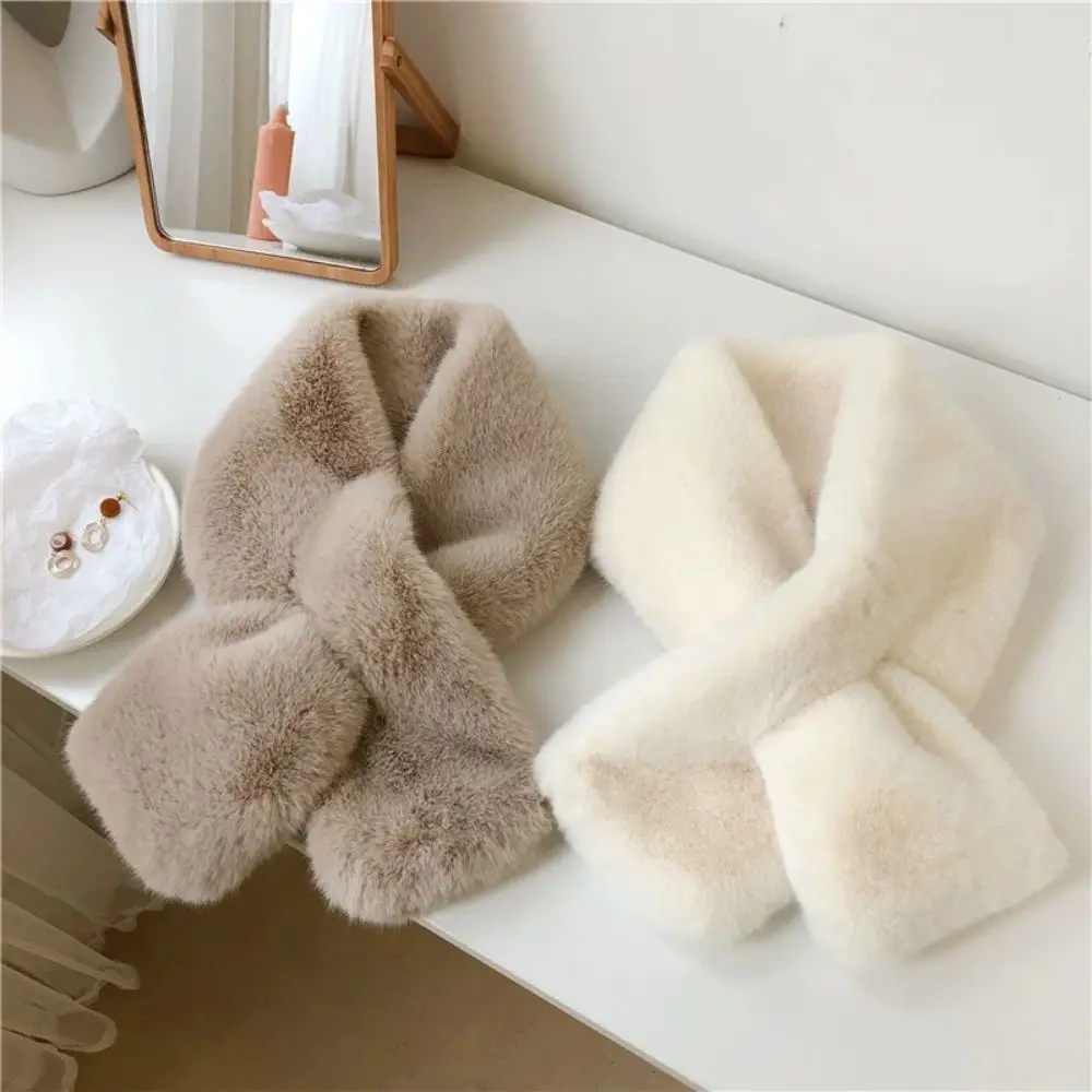 Plush Cross Women\'s Scarf Winter Thickened Soft Furry Neck Warmer Cute Solid Color Faux Rabbit Fur Scarf Women Collar Scarf New