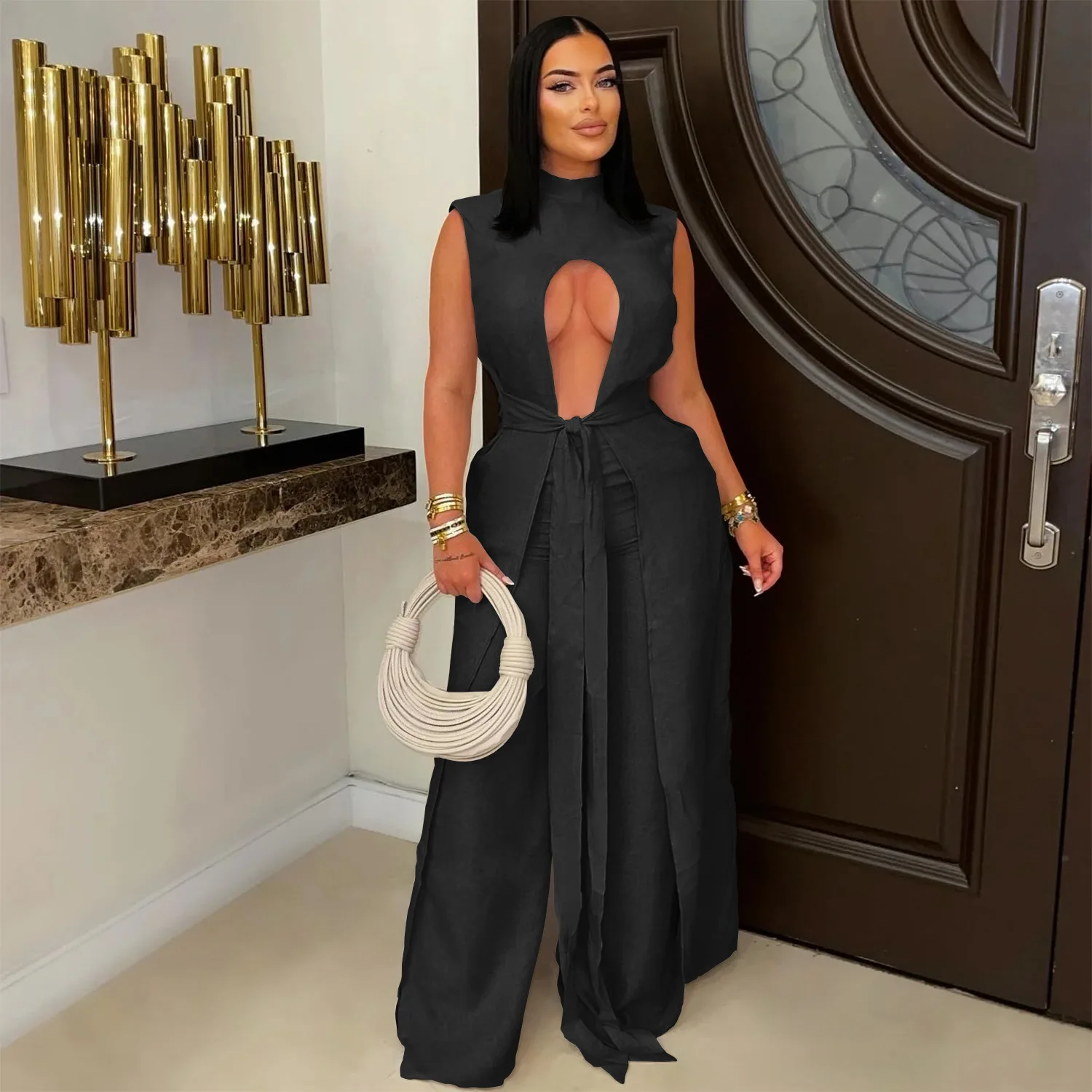 Broek Sets Vrouwen 2-delig Pak Sexy Top Wijde Pijpen Broek Outfits Vrouwelijke Zomer Streetwear Lace Up Tops Vloerlengte Ensemble