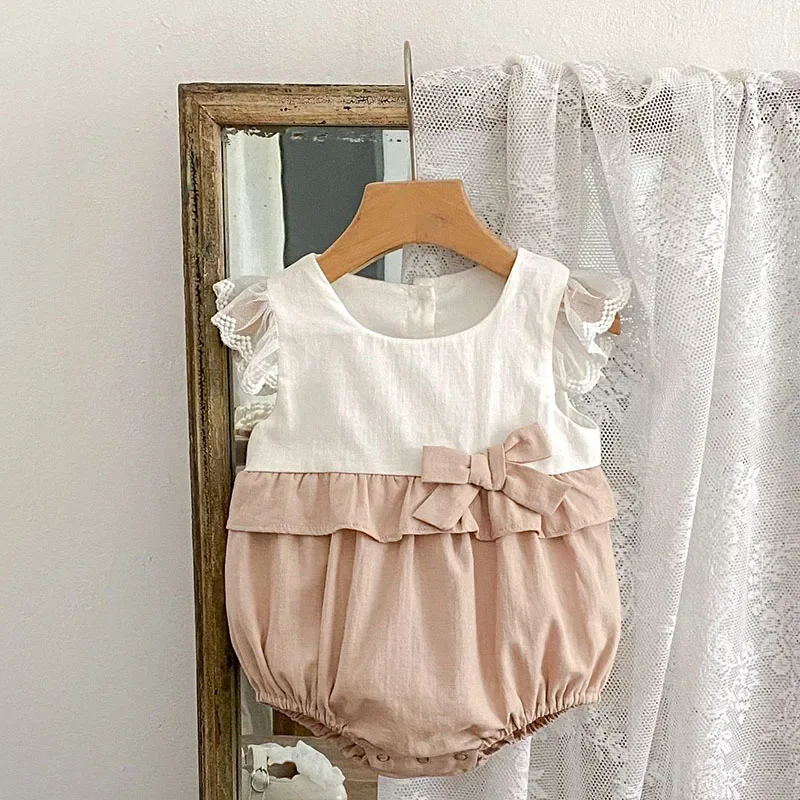 2025 New Summer Toddler Baby Girls Jumpsuit Flying Sleeve Cotton Splicing Newborn Baby Girls Romper 0-24M Baby Girls Clothing