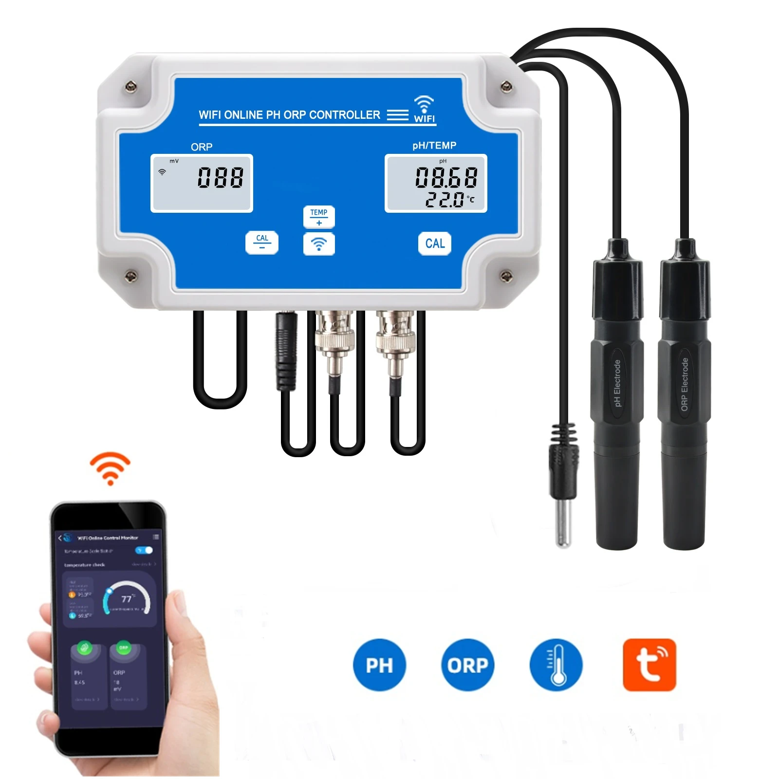 

Wireless Tuya WiFi Online Control Detector Aquarium Fish Tank PH/ORP/TEMP Water Quality Meter Controller 24 Hours BNC Electrode