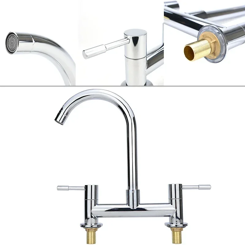 Modern Double Lever Chrome Kitchen Sink Hot and Cold Mixing Faucet 2-hole Deck Installation Faucet Kitchen Supplies